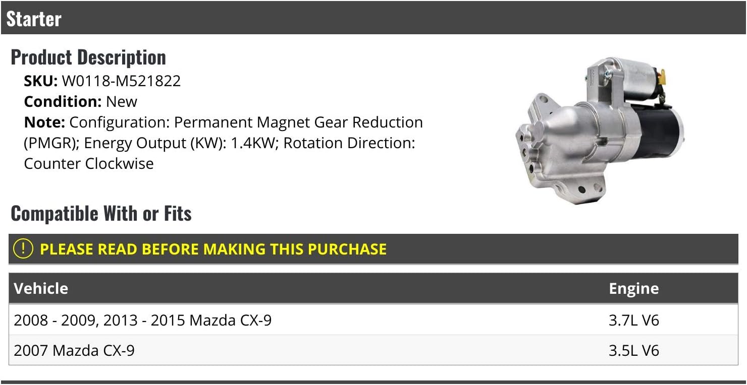 Starter - Compatible with 2007-2009, 2013-2015 Mazda CX-9 V6