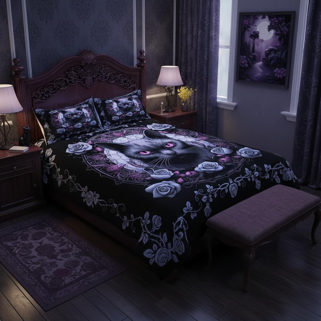 Gothic Cat Duvet Cover Set Full Size,Rose Flower Bedding Set 3Pcs,Halloween Theme Animals Comforter Cover for Kids Boys Teens Men Home Decor, Romantic Black Purple Style Quilt Cover,2 Pillowcases