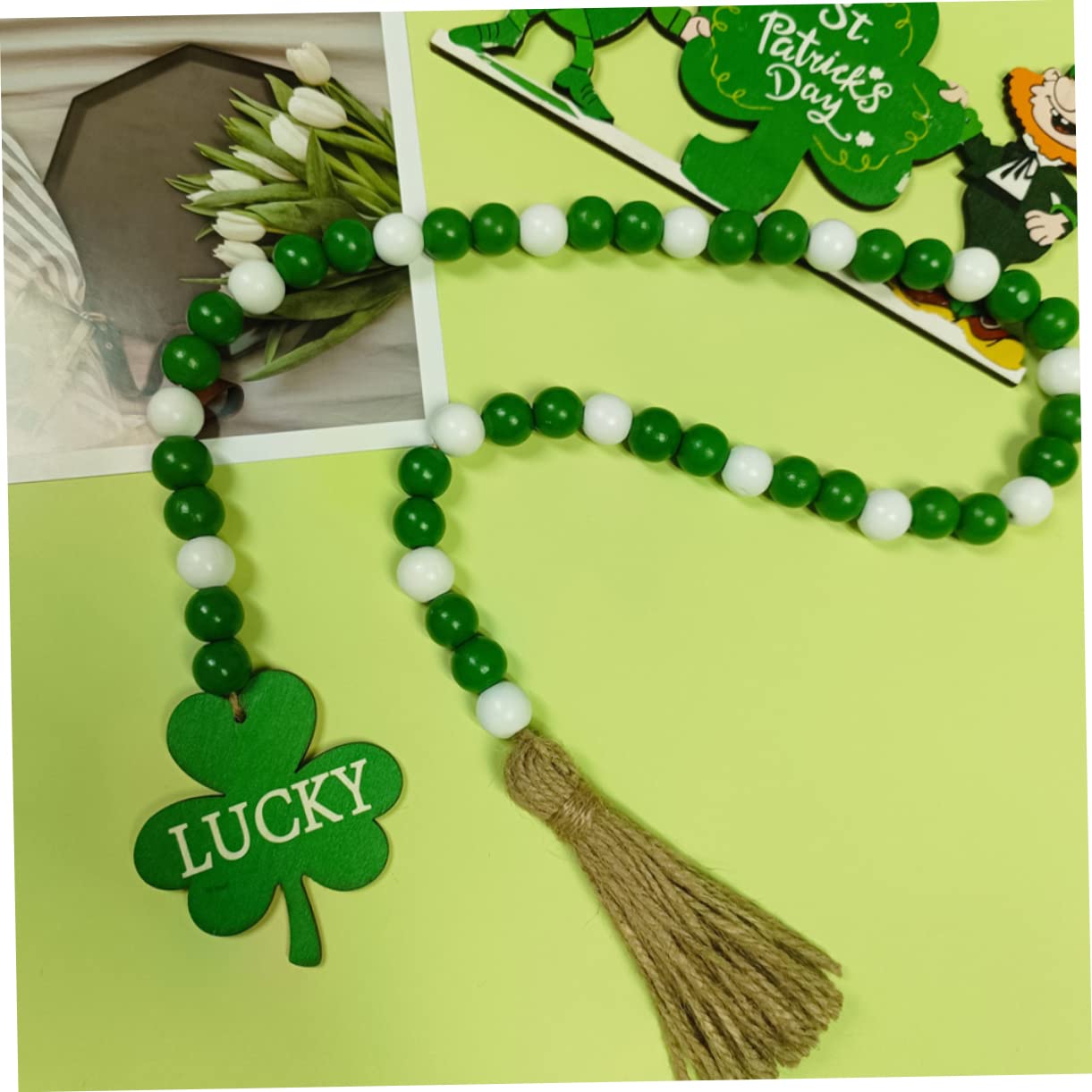 MAGICLULU 5st Klee Quaste Perlen Perlengirlande Girlandendekor Quastengirlande Tag Dekorationen Zum St. Patrick's Day St. Patrick's Day Charms Quastenperlen Hängende Türperlen Holz