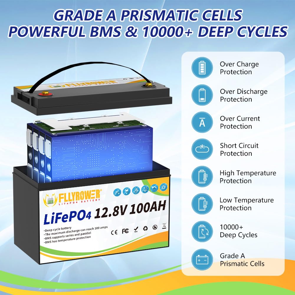 FLLYROWER Lifepo4 Battery 12v 100ah with Grade A Cells and