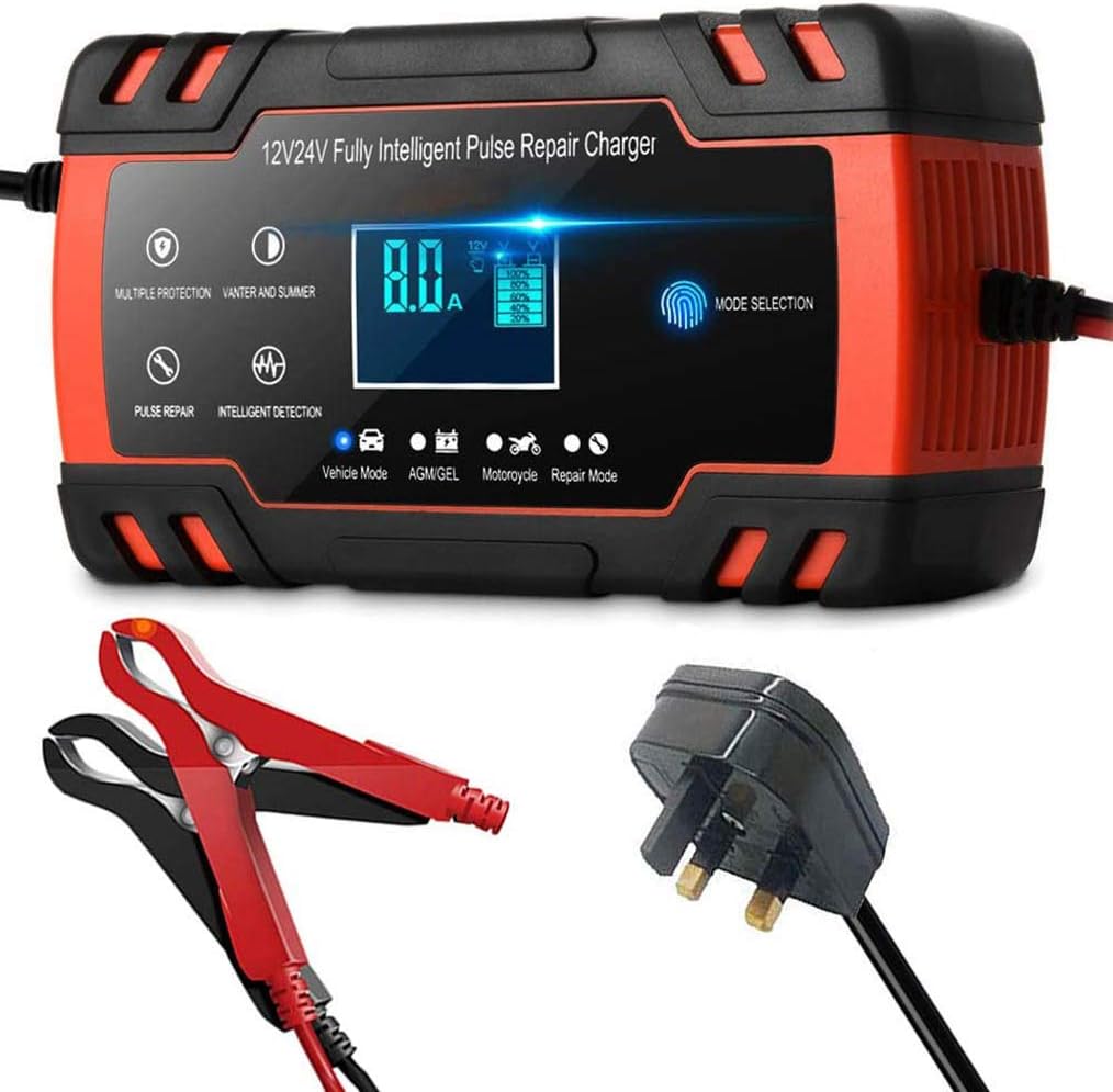 Car Battery Charger, 12V 8A / 24V 4A Battery Charger&Maintainer, 3-Stage Automatic Trickle Battery Charger with Six Functions for Most Types of 2AH-150AH Lead Acid Batteries (Red/J30)
