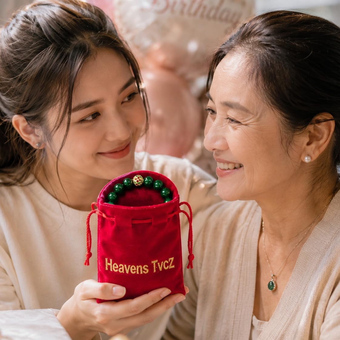 Premium Green Jade Bracelet 10.30mm with Thai Floral Gold Bead & Heart Charm – Luxury Jade Jewelry Gift for Women, Mom Birthday Gift with Red Velvet Pouch