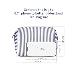 Narwey Striped Makeup Bag Travel Cosmetic Bag Organizer Toiletry Bag Make Up Bags with Compartments for Women Girls (Large, Greyish Blue Stripe)