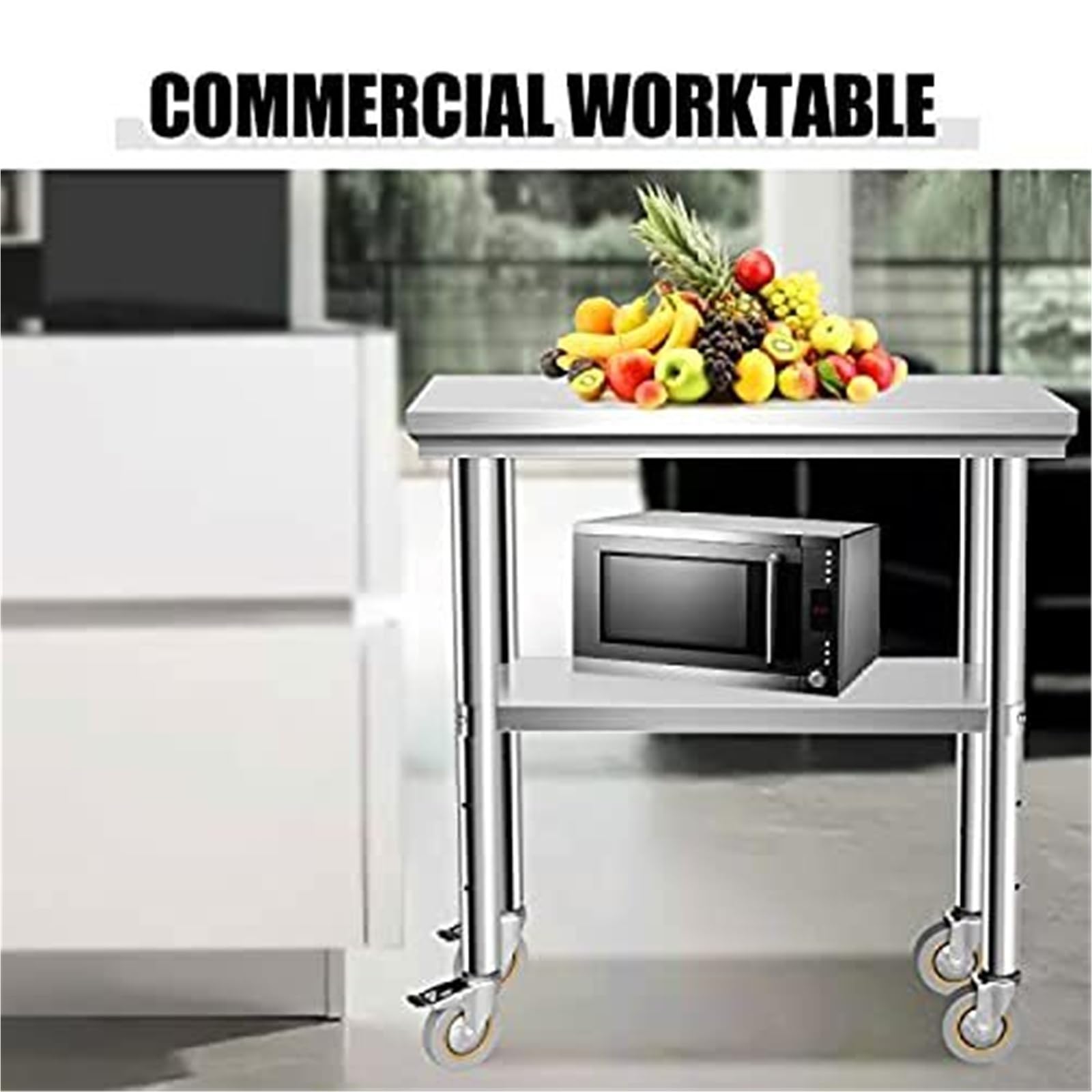 Tavolo da lavoro portatile multifunzione in acciaio inox con ruote bloccabili e ripiano inferiore, 61 x 30,5 cm, tavolo da cucina/pranzo per chef domestici e intrattenimento, design salvaspazio