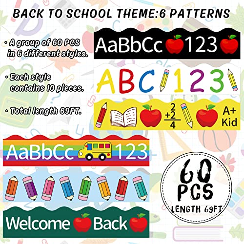 Image of Whaline 69Ft Back to School Bulletin Board Borders Colorful Pencil Apples Border Trim Stickers Welcome Back First Day of School Decorations for Classroom Chalkboard Home Party Decor