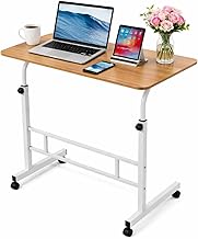 Height Adjustable Rolling Laptop Desk, Portable Mobile Workstation with Wheels, Gray Top, White Frame, Overbed Table for Sofa, Bed, Home Office (Brown)