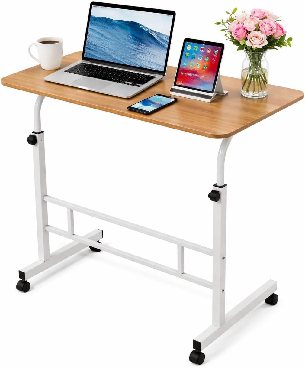 Zanbeel Height Adjustable Rolling Laptop Desk, Portable Mobile Workstation with Wheels, Gray Top, White Frame, Overbed Table for Sofa, Bed, Home Office (Brown)