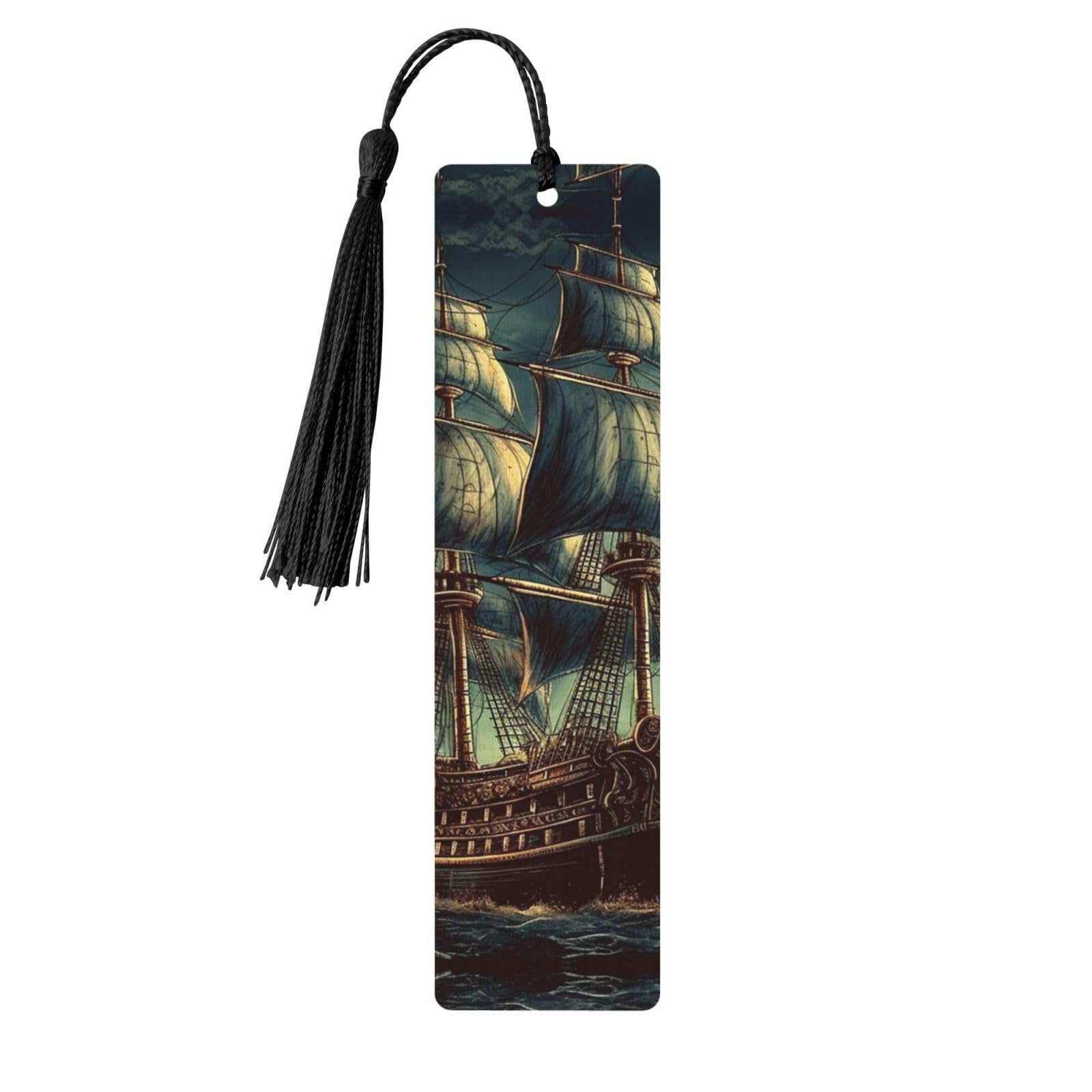 Nautical Vintage Sailing Pirate Ship Wooden Bookmarks with Black Tassels Handmade Double-Sided Printed Book Marks Page Markers Book Accessories Gift for Book Lovers Women Men