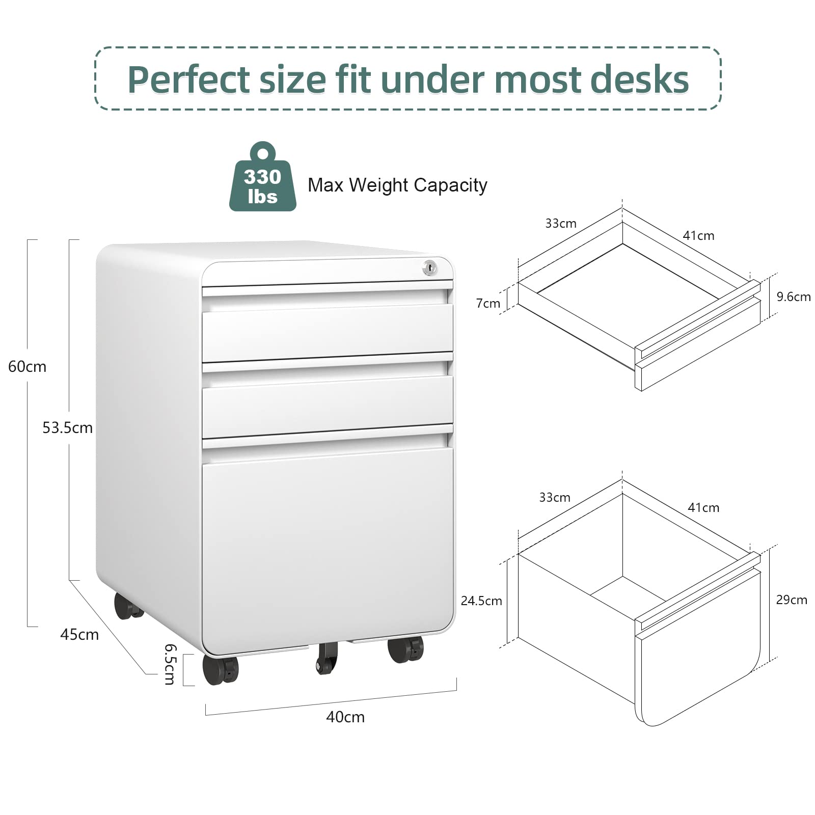 Dripex Metall Rollcontainer Stahl Rollcontainer mit 3 Schubladen und Hängeregistratur Abschließbarer Büroschrank Bürocontainer 5 Räder Aktenschrank 40 x 45 x 60 cm