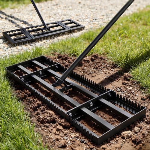 Housolution Rastrillo Nivelador de Césped 32'x10' con Borde Dentado & Placa Lisa, Acero Inoxidable Resistente, Mango Ajustable 72', para Suelo/Tierra/Composta/Césped Muerto/Grava