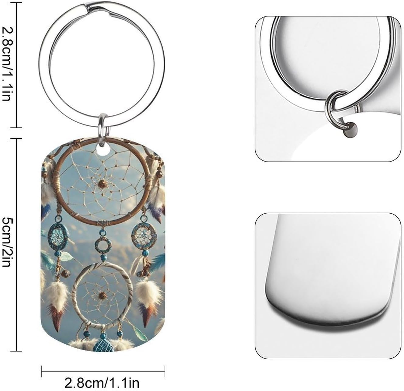 Native American Dream Catcher Metal Keychain Rectangle Keyring with Pendant Pattern Print Metal Ornament for Women Car Key Chains Tags for Men Backpack Hangings Accessories