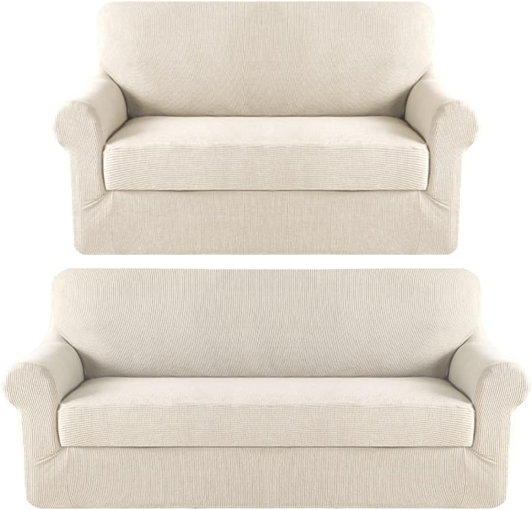 H.VERSAILTEX 2 Pieces Stretch Sofa Covers Bundle Loveseat Slipcover, Feature Upgraded Thicker Jacquard Fabric, Natural