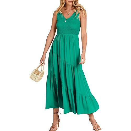 ANRABESS Women's Summer Casual Sleeveless V Neck Smocked Boho Asymmetric Tiered Beach Long Dress with Pockets