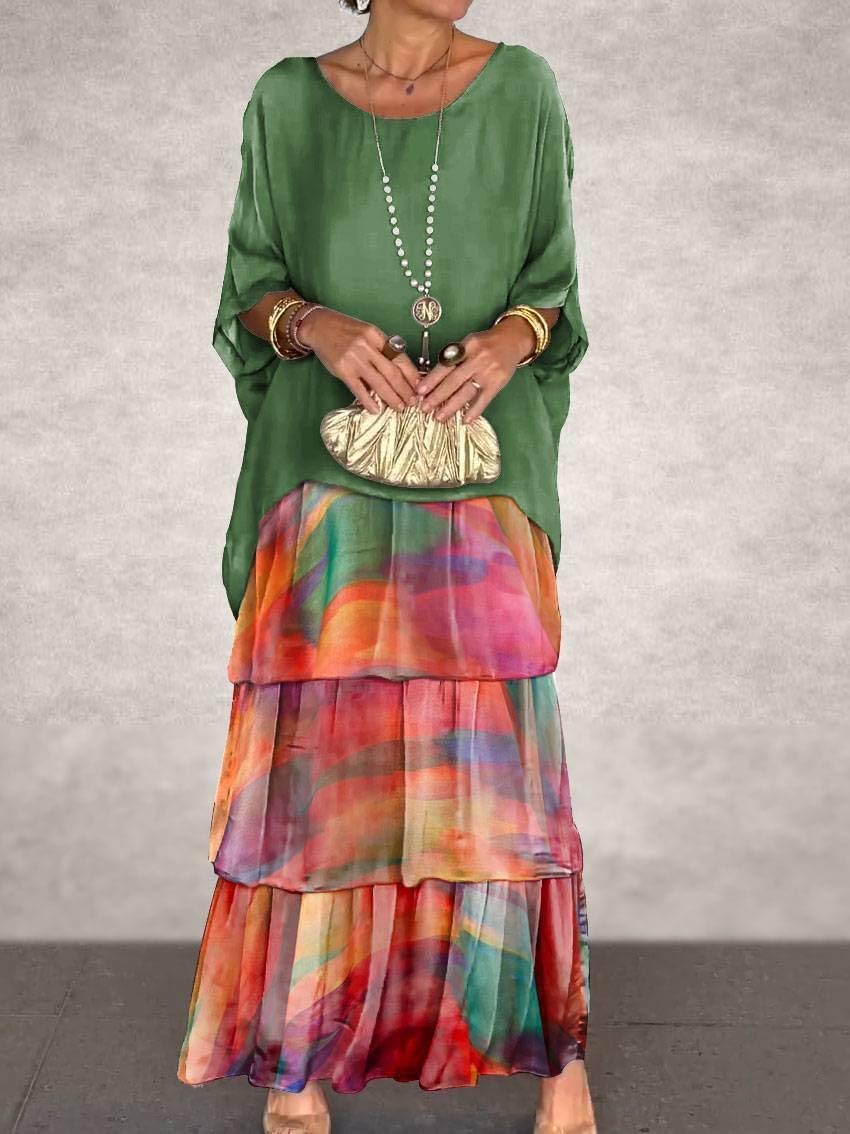 Vestido Largo de 2 Piezas de Gasa de Malla de Manga de murciélago y Cuello Redondo con Estampado Floral Bohemio, Vestido Largo con Top Suelto de Boda
