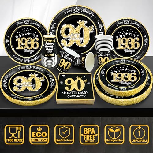 Image of 90th Birthday Decorations Black and Gold, Service for 30, Vintage 90th Birthday Party Supplies Includes Black Vintage 1936 Plates, Napkins, Cups Plates and Napkins for Men Women