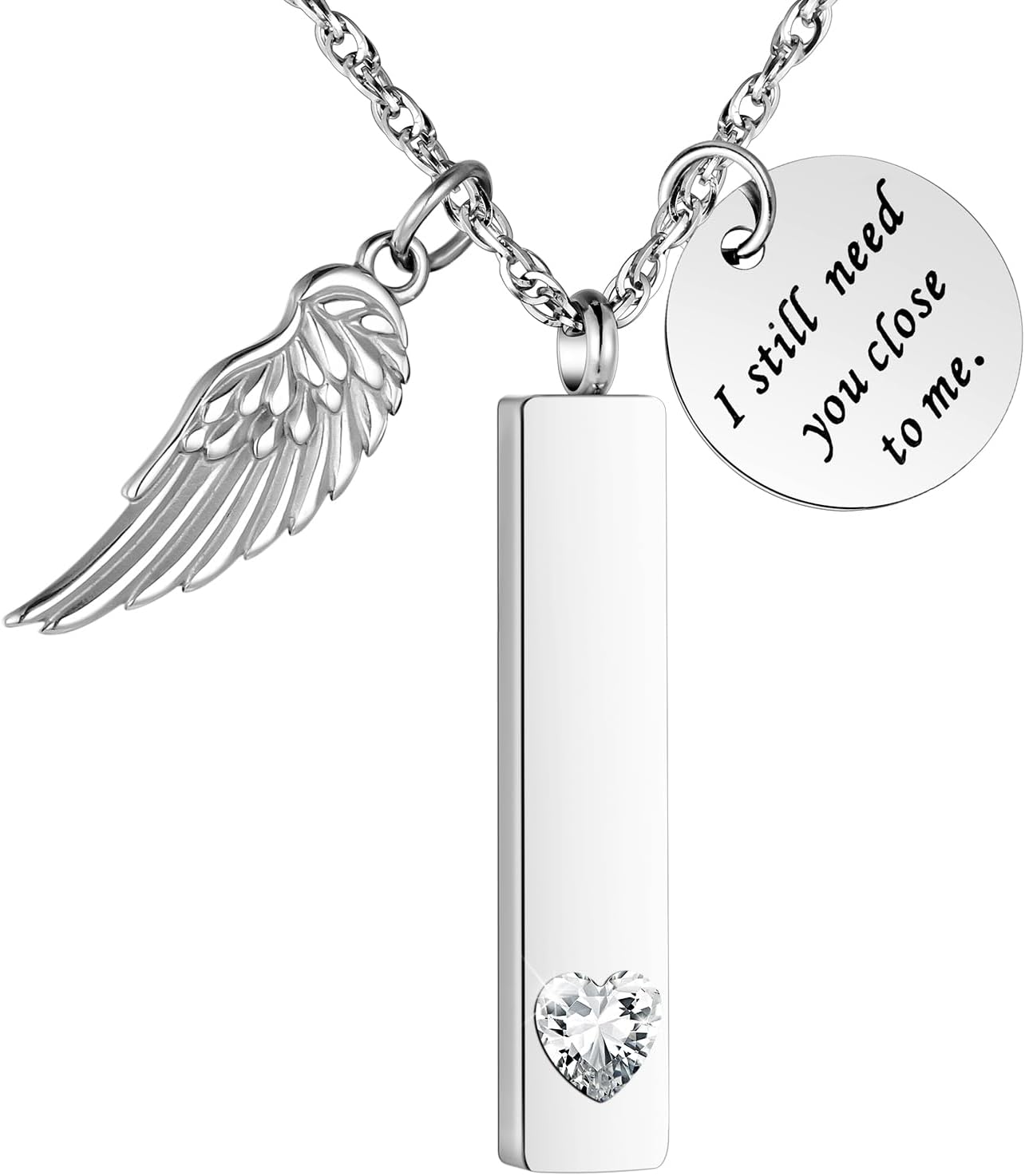 XIUDA Cremation Jewelry for Ashes with Angel Wing Charm Vertical Bar Urn Necklace Stainless Steel Memorial Keepsake Pendant for Women