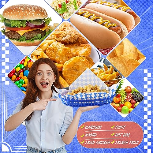 Uiifan 24 Pcs Fast Food Baskets with 100 Deli Liners Halloween Deli Food Baskets 10.5 x 7 Inch Serving Burger Chip Trays for Halloween Hot Dog Hamburger Bread Picnic(Blue)