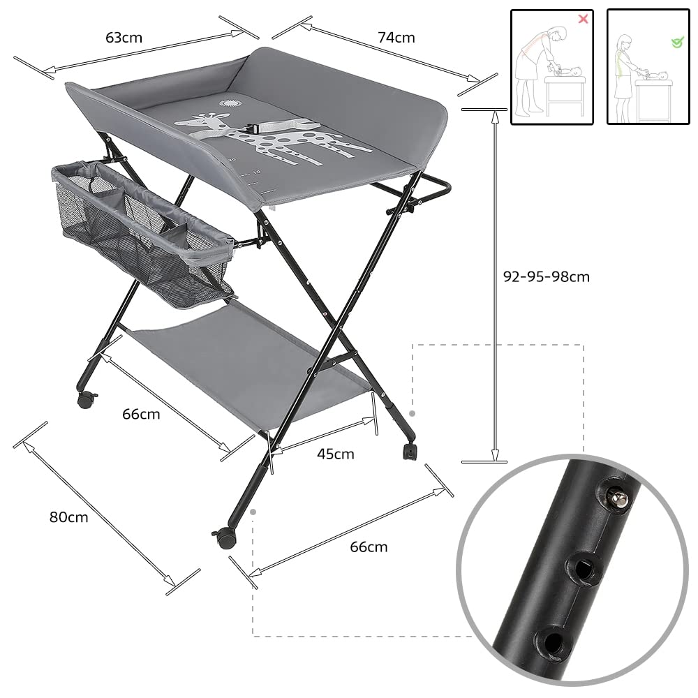 Cambiador Plegable y portátil, Cambiador con Ruedas y cinturón de Seguridad, Cambiador de Bebé, Altura Medible, Ahorro de Espacio, Altura Ajustable 92-95-98cm (Gris)