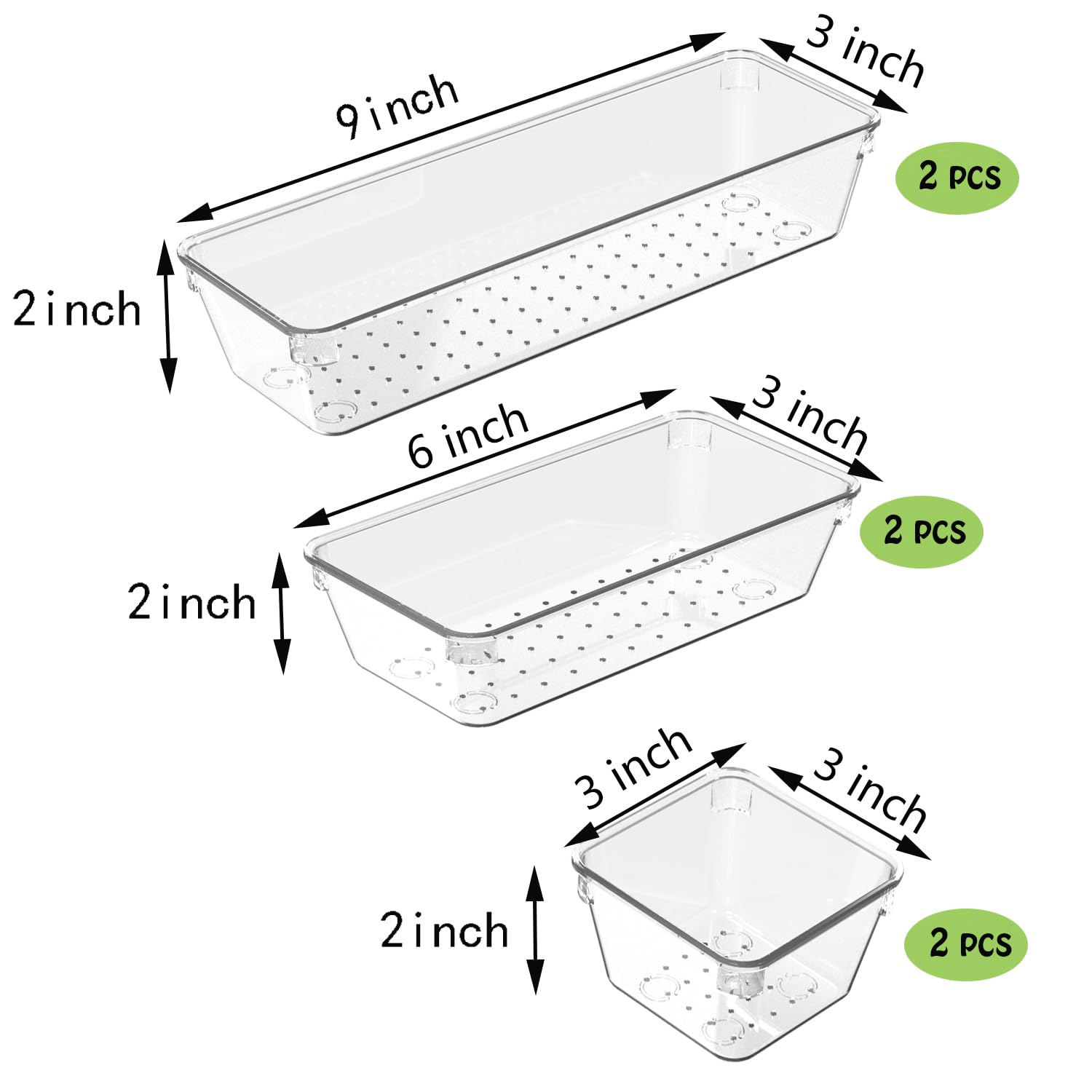 XYSMZM 6 Pcs Clear Drawer Organizer Set, 3 Size Acrylic Drawer Storage Trays, Storage Tray for Makeup, Kitchen, Gadgets, Office