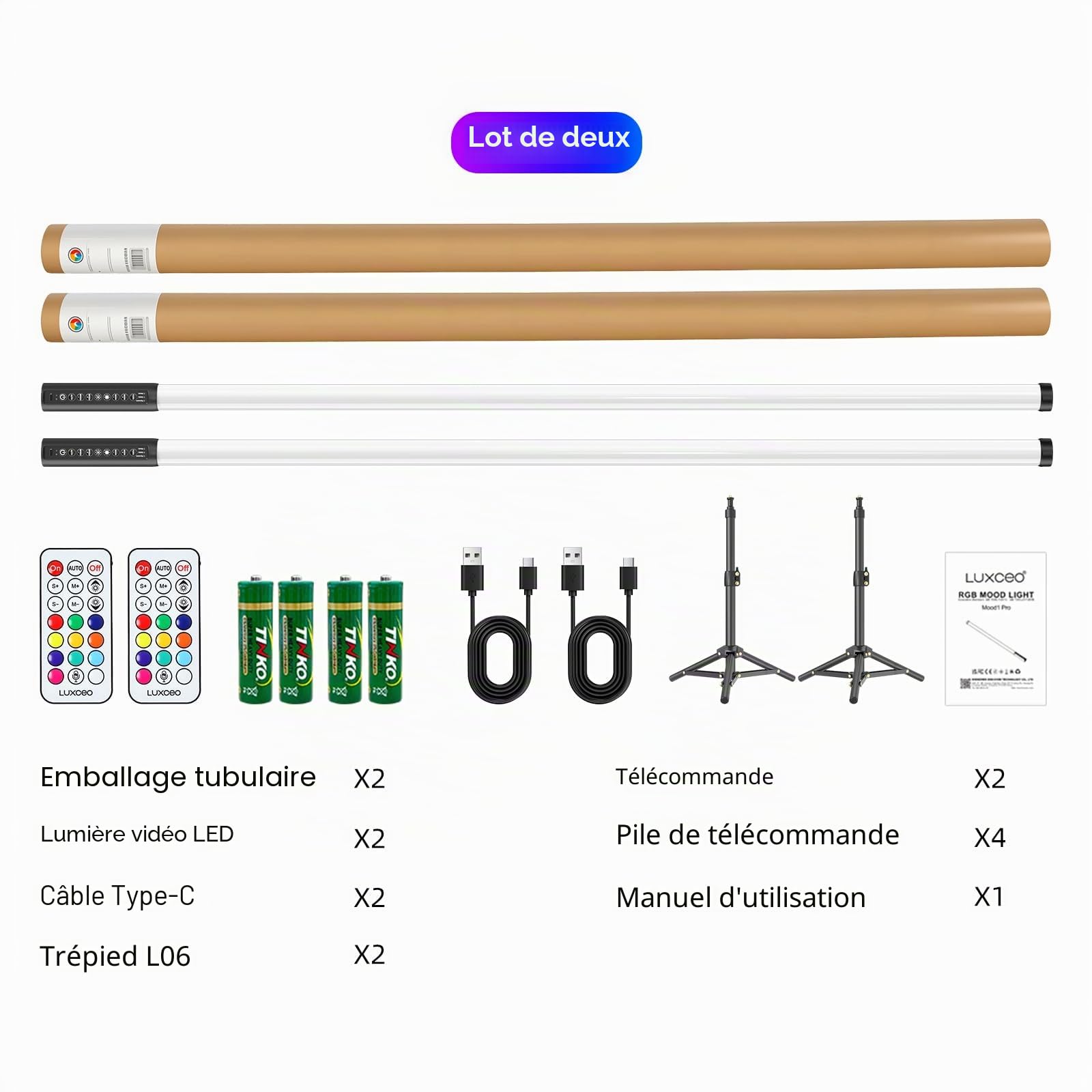 2 Lampe vidéo LED Portable, 120cm bâton Lumineux de Photographie LUXCEO Mood1Pro,2.4G intensité réglable et Mode Musique, 5000 mAh intégrée, Lampe Photo RVB pour Youtube, TikTok, Jeu en Streaming