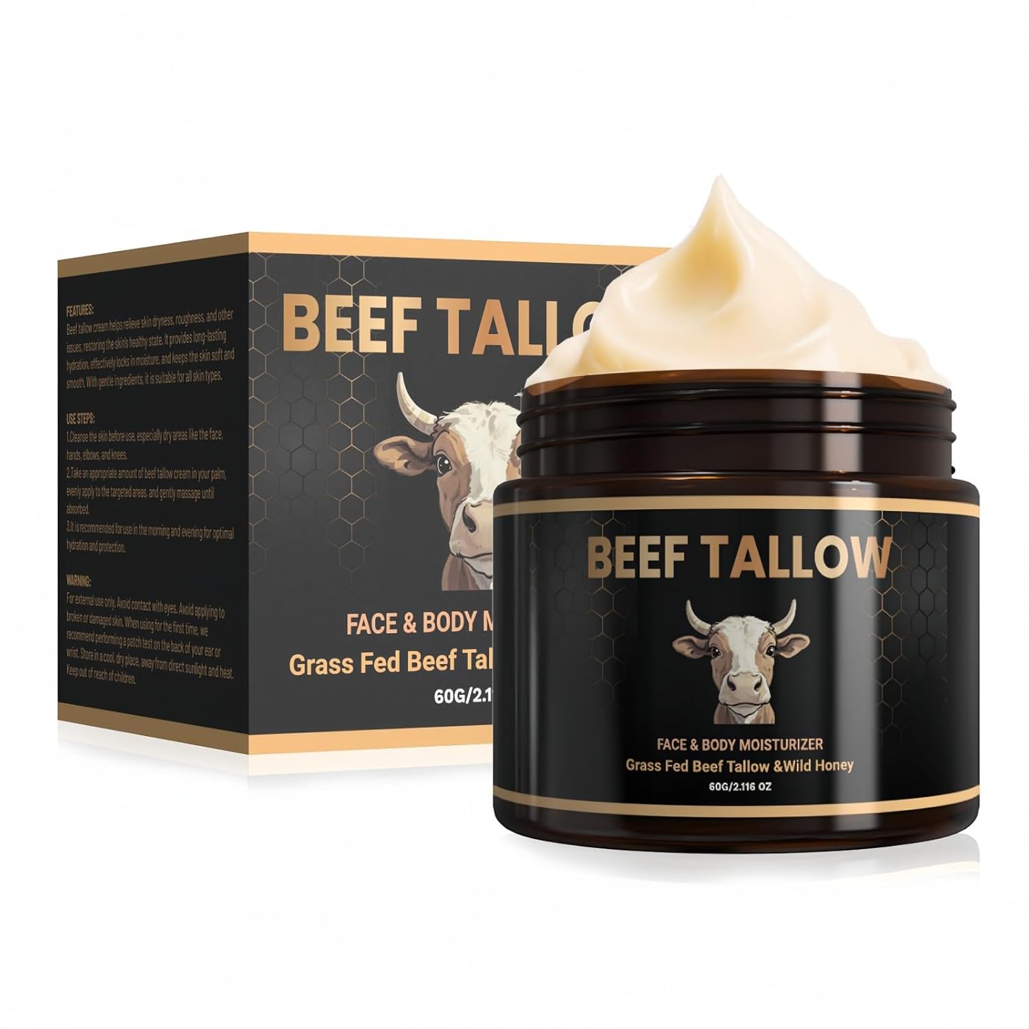Beef Tallow for Skin, Whipped Grass Fed Beef Tallow and Honey Balm, Organic Beef Tallow Moisturizer for Face and Body, All-Natural Skin Care for Soft, Hydrated Skin – 2.11 oz