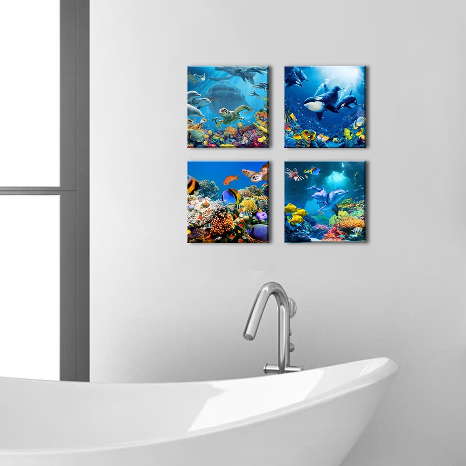 Dolphin Wall Art Bathroom Ocean Animal Pictures Sea Turtle Fish Whale Wall Decor Blue Undersea World Coral Reef Landscape Canvas Prints Nautical Painting Coastal Posters Artwork Decoration 12x12” 4Pcs