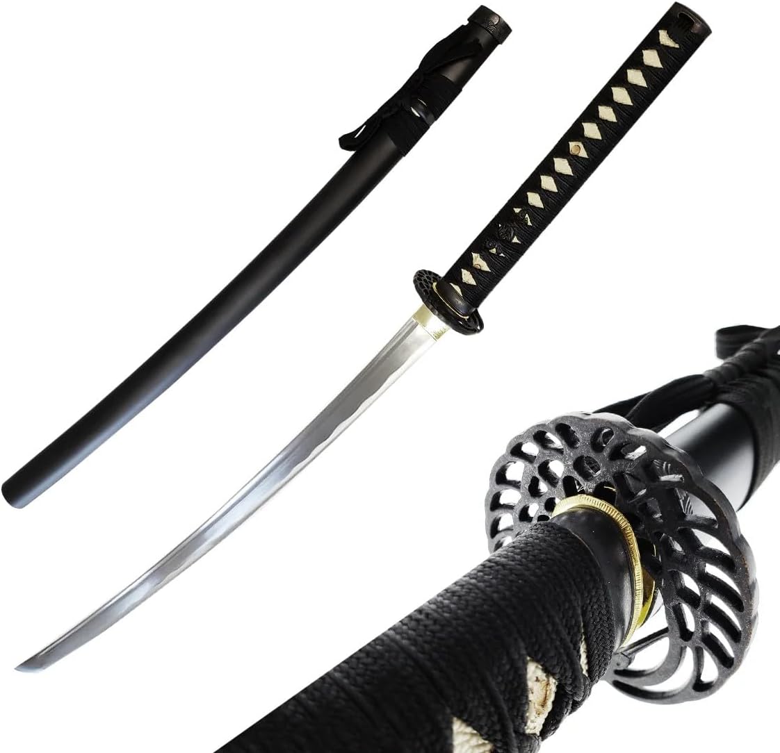 41" Hand Forged Black Katana Samurai Sword Full Tang, Sharp, 1045 High Carbon Steel Blade, Crane Tsuba