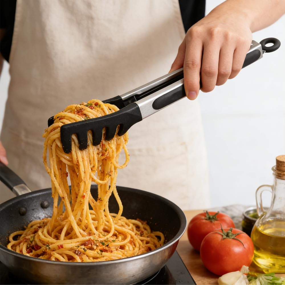 Juego de Pinzas para Pasta Acero Inoxidable con Puntas de Silicona y Bloqueo