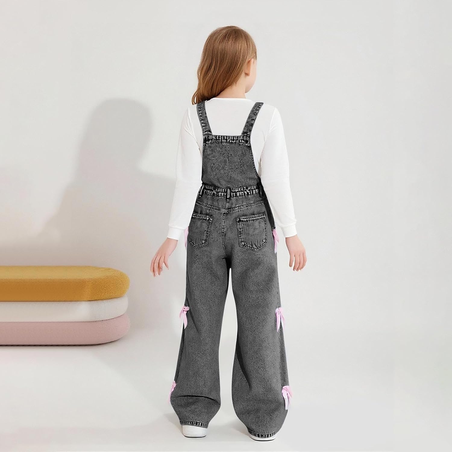 Girls Denim Overalls with Bows Adjustable Strap Jean Jumpsuit Kids Jeans Rompers with Pockets 6-14 Years