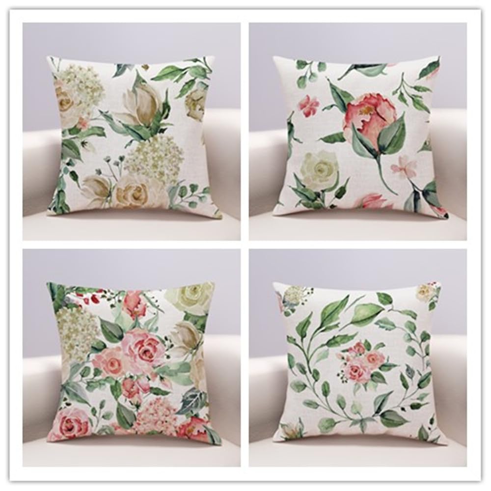Housse de coussin 45x45 en coton et lin vert et rose | Lot de 4