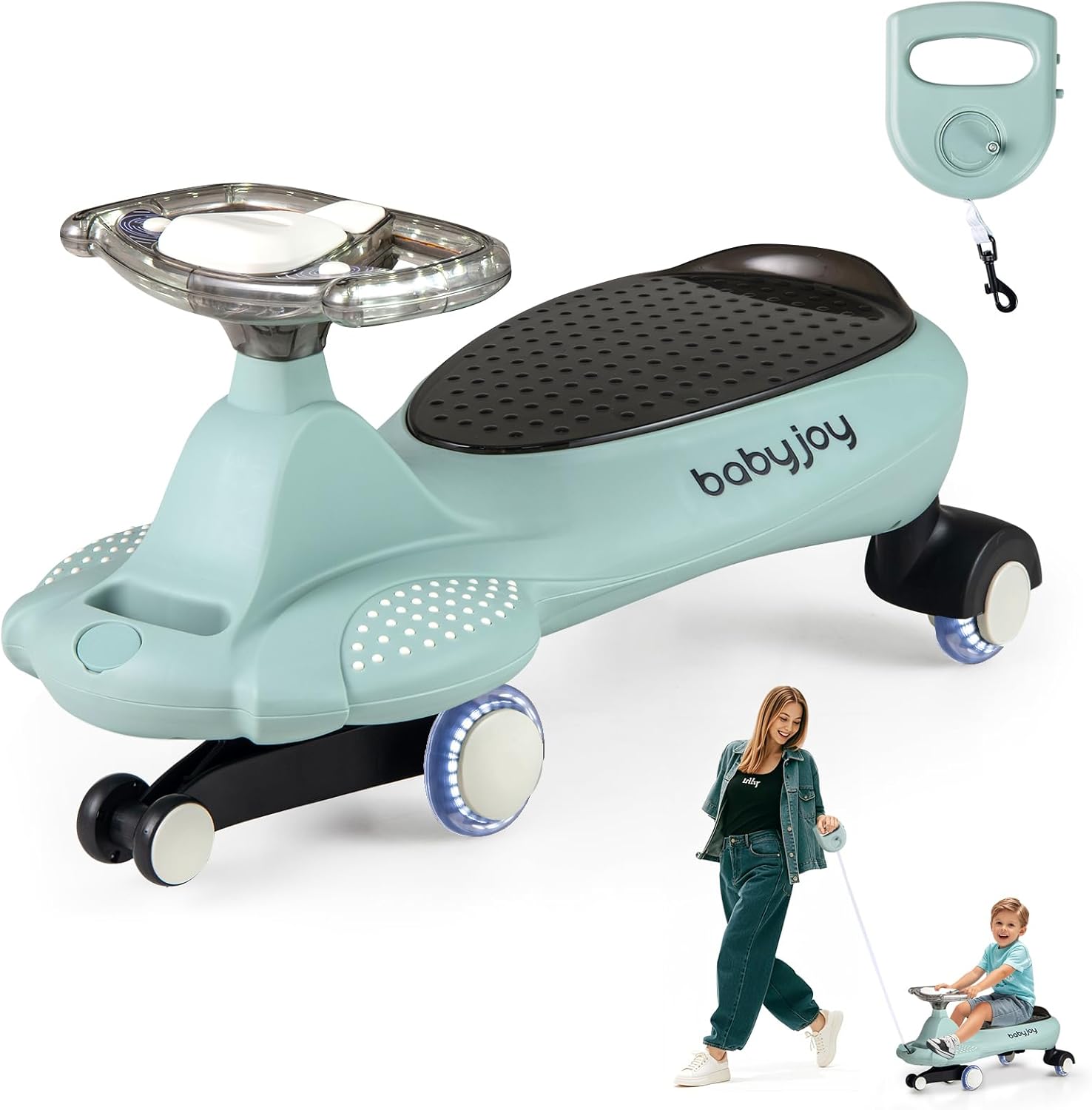 BABY JOY Wiggle Car, Swing Car with Pull Rope, Under-Seat Storage, Flashing Wheels & Music, Uses Twist, Turn, Wiggle Movement to Steer, Wiggle Car Ride On Toy for Kids Boys Girls 3+ Yeas Old (Green)