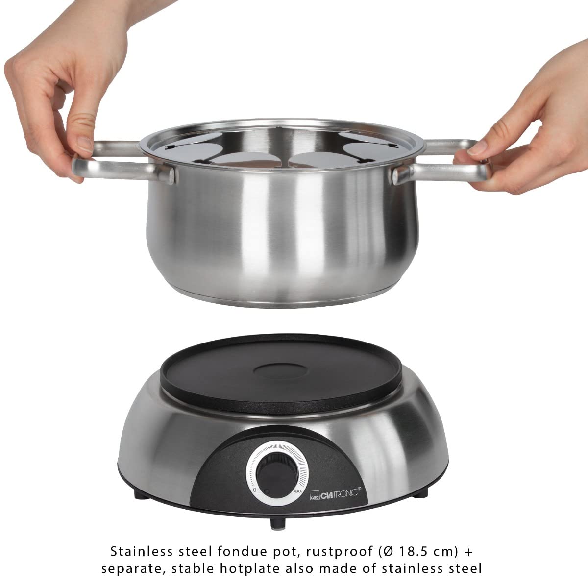 Clatronic FD 3783 - Pentola elettrica per fonduta con paraspruzzi rimovibile, per 8 persone, con forchette per fonduta in acciaio inox, codice colore, capacità max. 1,2 litri/1400 Watt, in acciaio