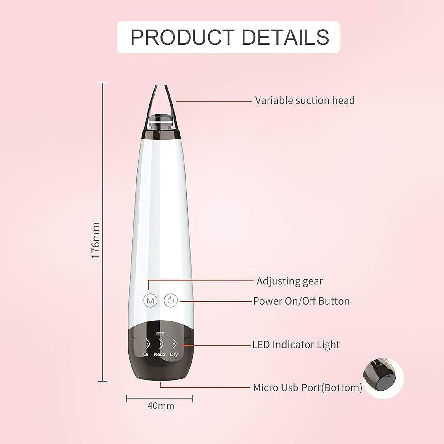 Aspirateur de pores for enlever les points noirs – Extracteur de boutons de nettoyage du visage, outil d'aspiration de points noirs, nettoyeur de pores du visage, outil d'extraction de points b