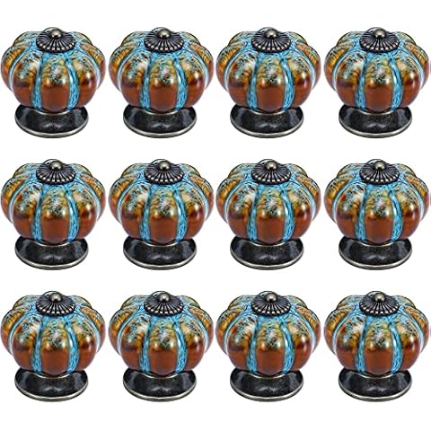 IEIK Cabinet Knobs 12 Pack Glazed Ceramic Knobs with Pumpkin Shape for Decor Door Pull Handle for Vintage Cabinet Drawers, Closets, Cupboard (Blue) Cover