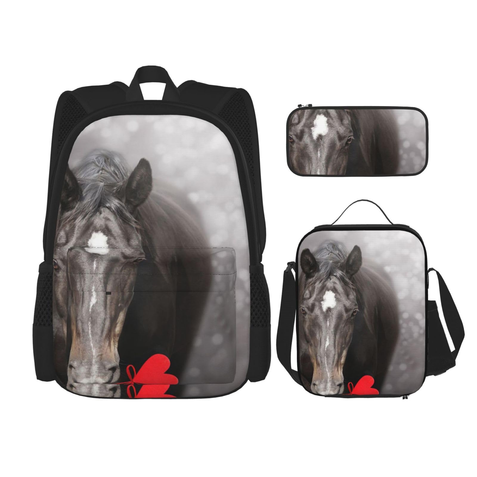 YSOLDA Juego de mochila, mochila escolar, mochila, juego de 3 piezas con bolsa de almuerzo, estuche para lápices,Caballo negro con corazón