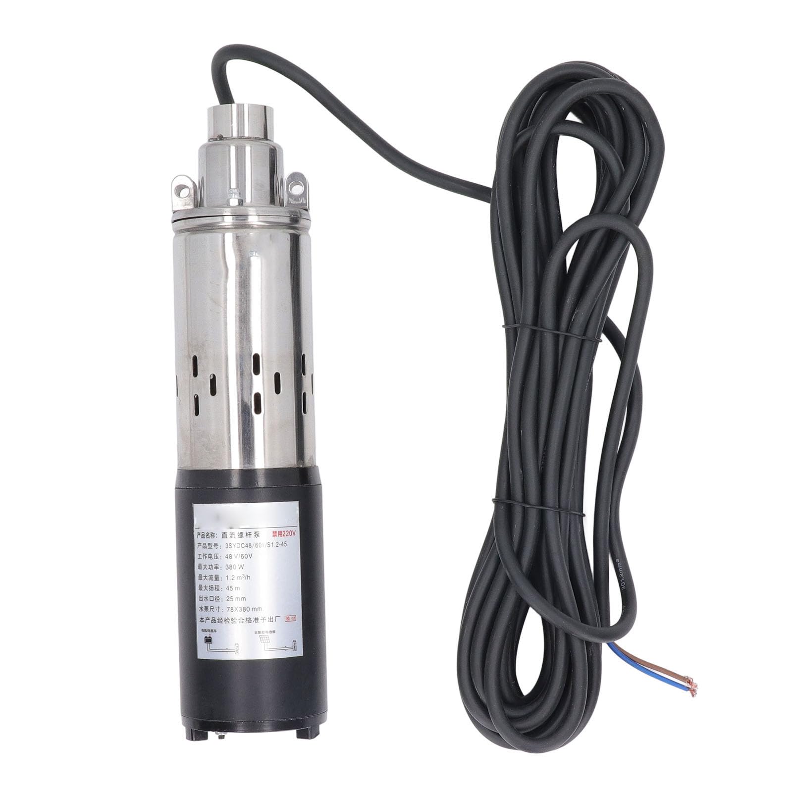 Cocoarm Bomba Solar CC, Bomba Sumergible de Tornillo de Acero Inoxidable 48 V 60 V 380 W 45 M Elevación 1,2 M³ H Salida de 1 Pulgada Barril de Motor de Hierro Fundido para Granja de Estanques de