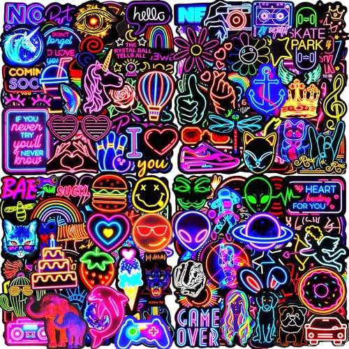 Autocollant 200 Pcs Cool Neon Stickers, Imperméables Vinyle Autocollant, Autocollant pour Telephone Ordinateur Portable Scrapbooking Skateboard Valise...