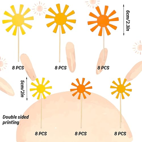 Miniatura 2 de Whaline 48 adornos bohemios para cupcakes de sol, 2 tamaños, decoración de papel solar con punta de pegamento, amarillo y naranja, centro de mesa de