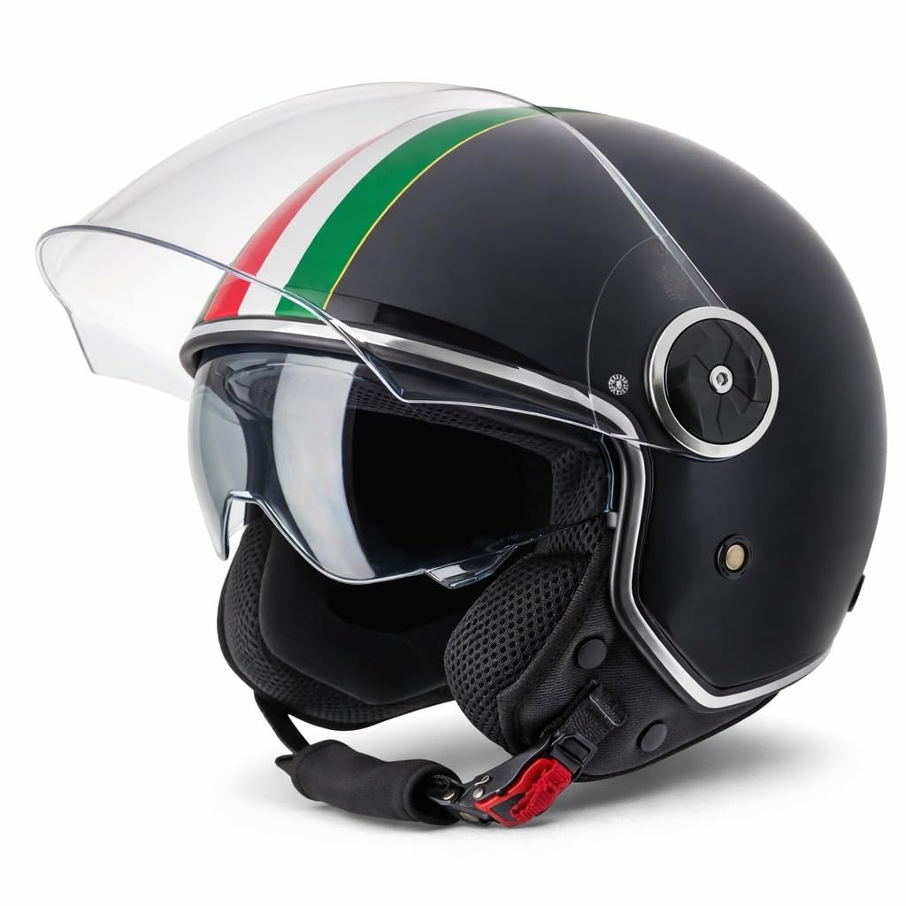 VINZ Neiva Jethelm mit Doppelvisier | Roller Helm mit Italienische Flagge & mit Sonnenblende | In Gr. XS-XXL | ECE 22.06 Zertifiziert | Motorradhelm mit Visier | Viele Farben Erhältlich