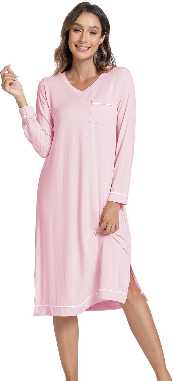 GYS Bamboo Viscose Soft Women's Nightgowns Comfy Long Sleeve V Neck Sleep Dress