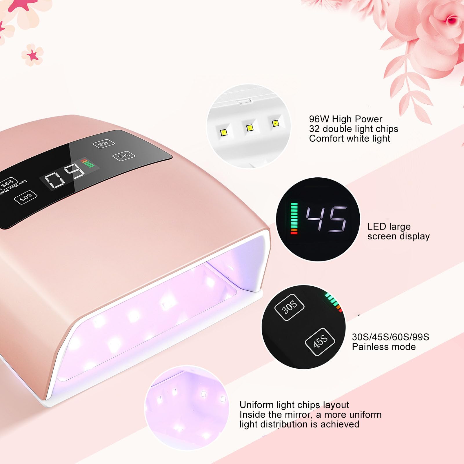 UV LED Nageltrockner, 96 W Schnell Trocknend LED Nagellicht Lampe Wiederaufladbar Nageltrockner Lampe mit Sensor LCD Display für Gelnägel Finger Zehennagel Nagel Trocknergerät (EU-Stecker)