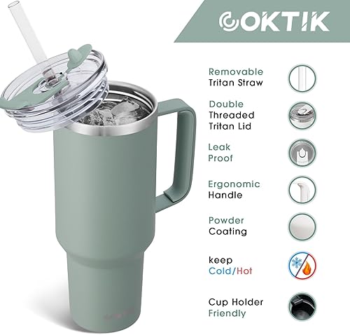 Miniatura 2 de Vaso de 40 onzas con asa y tapa con pajilla, tapa 2 en 1 (con pajilla  abatible), vaso de viaje de acero inoxidable con aislamiento al vacío para