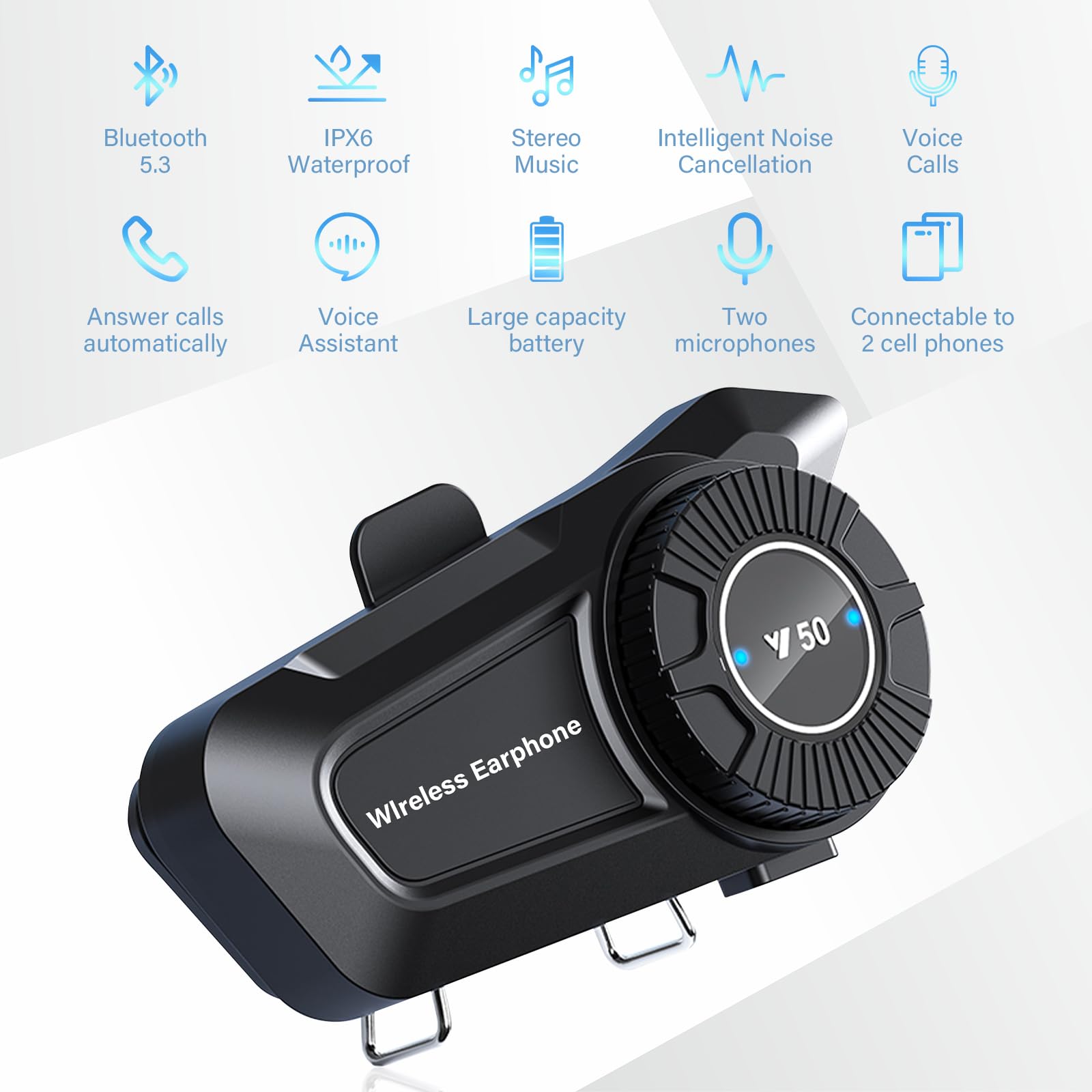 Intercom Moto Appareil Bluetooth à Molette pour Motos Suppression Bruit DSP&CVC/IPX6 Étanche/Chaîne Hi-Fi/Micro Wireless 5.3 Réponse Automatique Assistant AI Compatible Tous les Casques 1800mAH