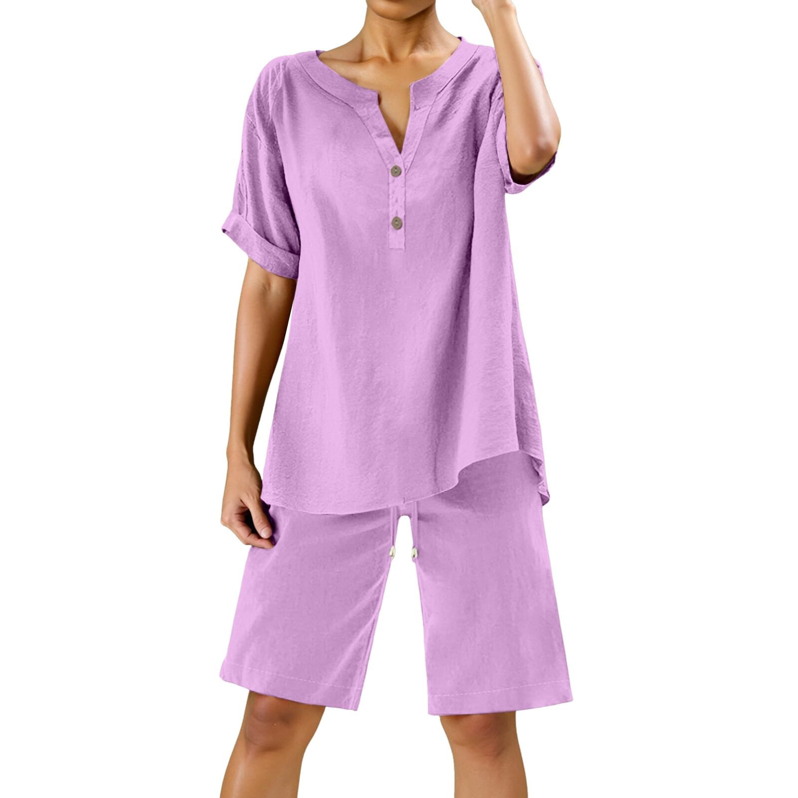 Generisch 2026 Conjunto de 2 piezas para mujer, blusa de pierna ancha, bolsillos, conjuntos de pantalones elásticos, camisa casual con cuello en V, pantalones, ropa de calle a la moda