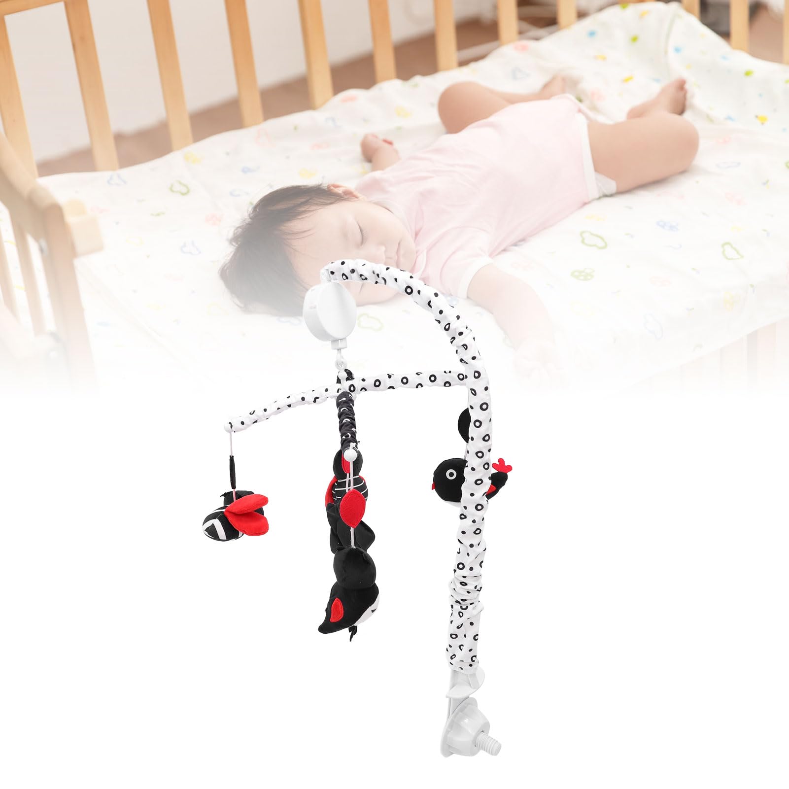 Móvil de Cuna de Felpa Suave para Prevenir el Estrabismo, Caja de Música de Juguete para Bebés, Móvil de Cuna Colgante para Involucrar Apoyo Visual, de Musical Negro Rojo para Espacio para