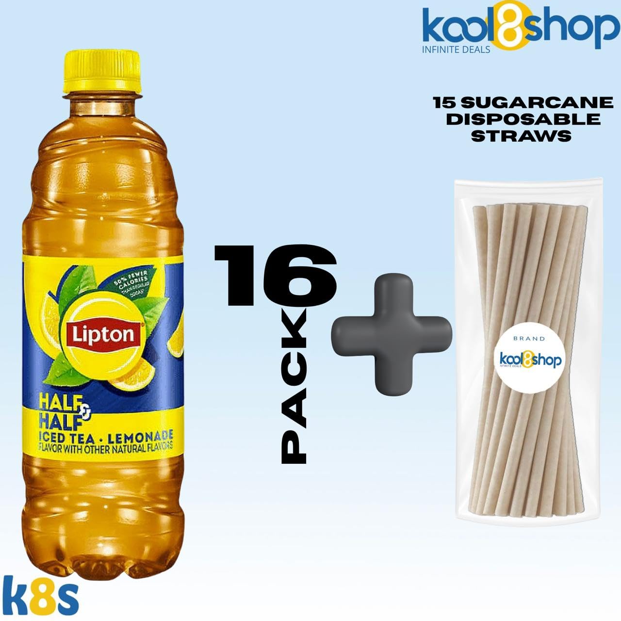 Lipton Half & Half Lemonade - Iced Tea 16.9 fl oz Plastic Bottle 16 Pack + 15 Sugarcane Disposable Straws by KOOL8SHOP Infinite Deals