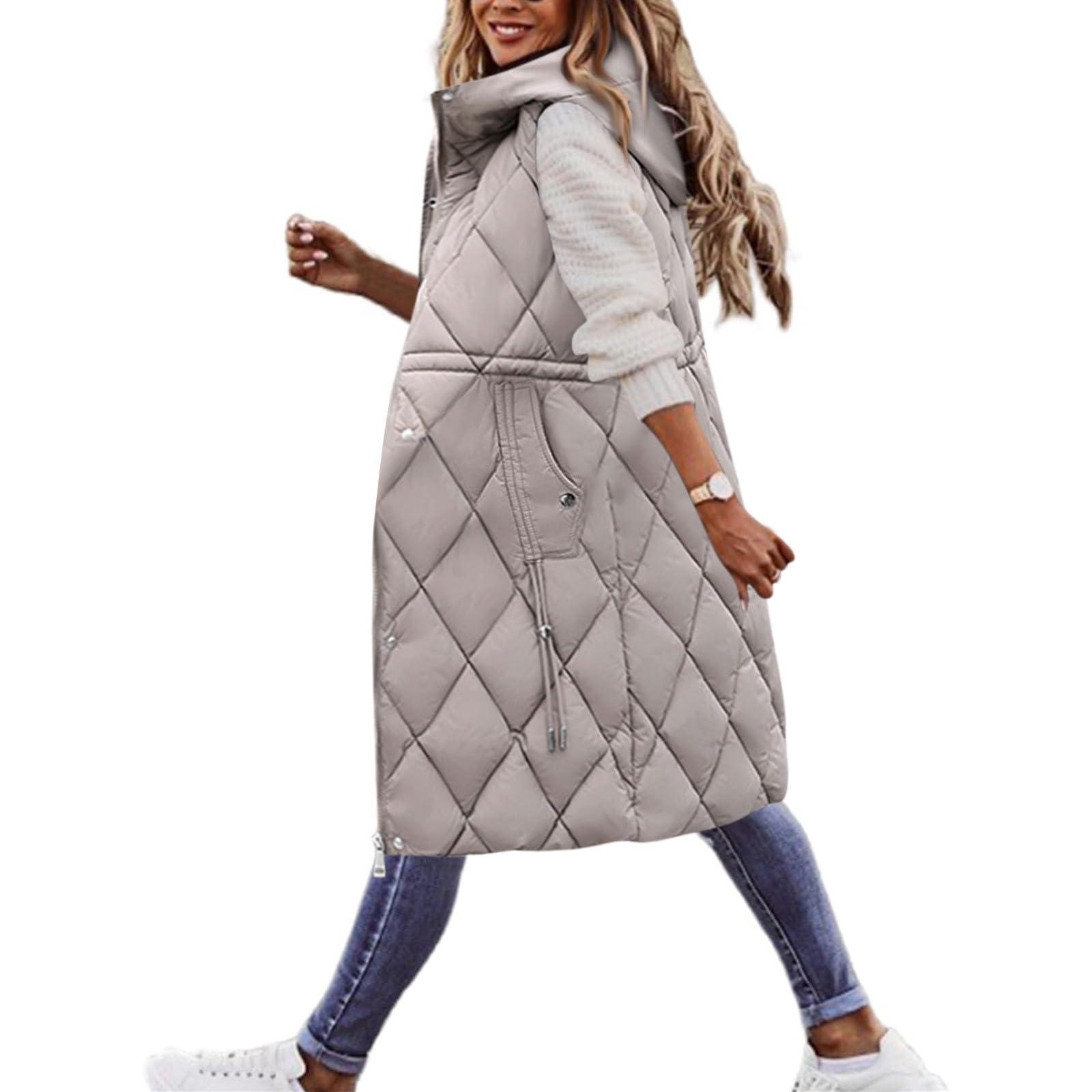 SJWCLYS Women's Winter Coats Mid Length Quilted Sleeveless Jacket Vest Hooded Thick Long Coat Winter Warm Outwear