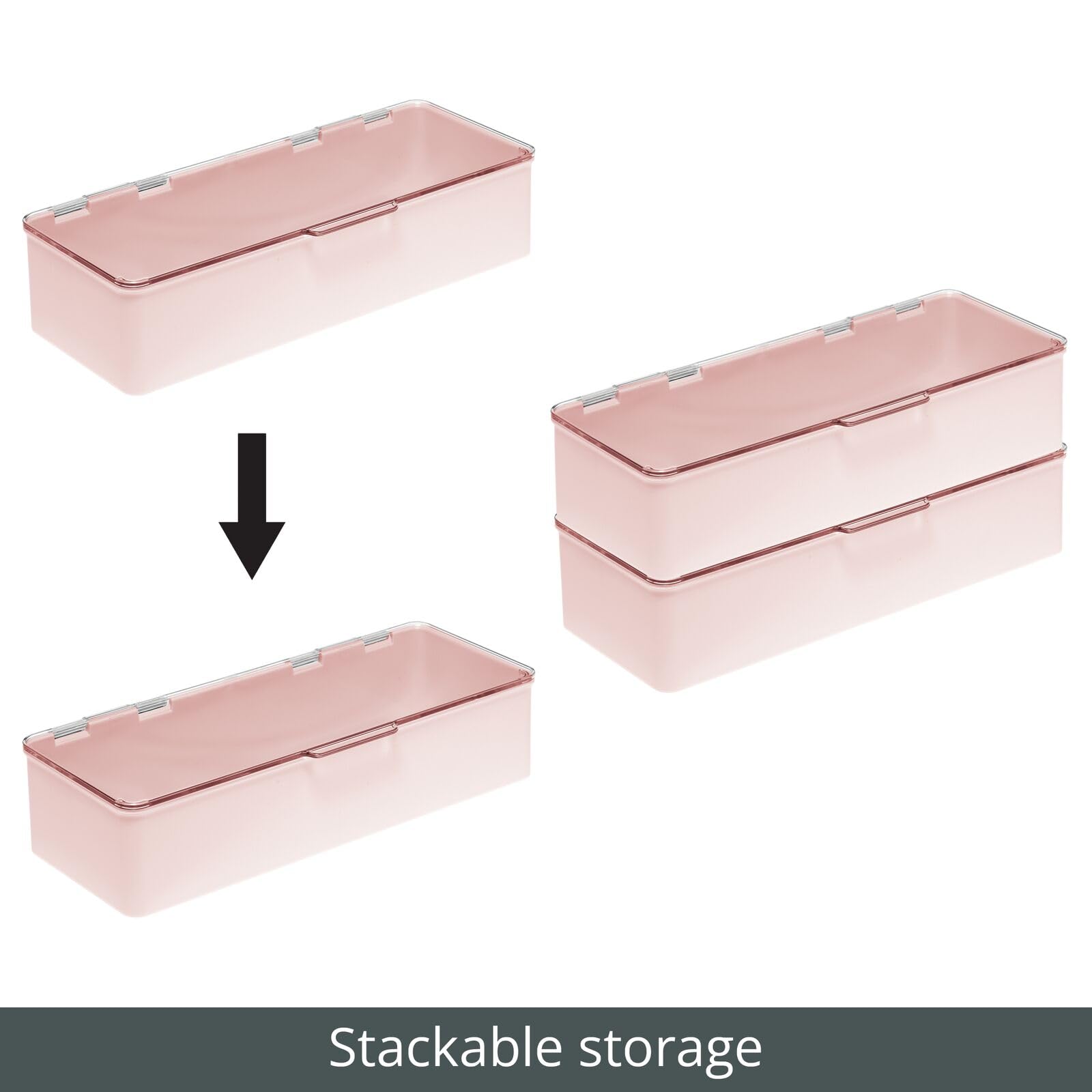 mDesign Long Plastic Cosmetic Storage Organizer Boxes with Hinged Lids, 2 Pack, Light Pink/Clear