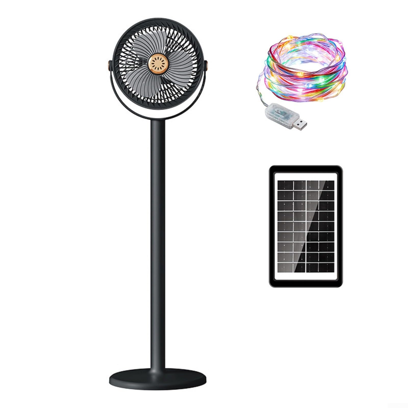 Ventilatore da terra ricaricabile a energia solare, 5 velocità, inclinazione a 360 gradi, 4000 mAh, LED RGB per esterni e casa (nero)
