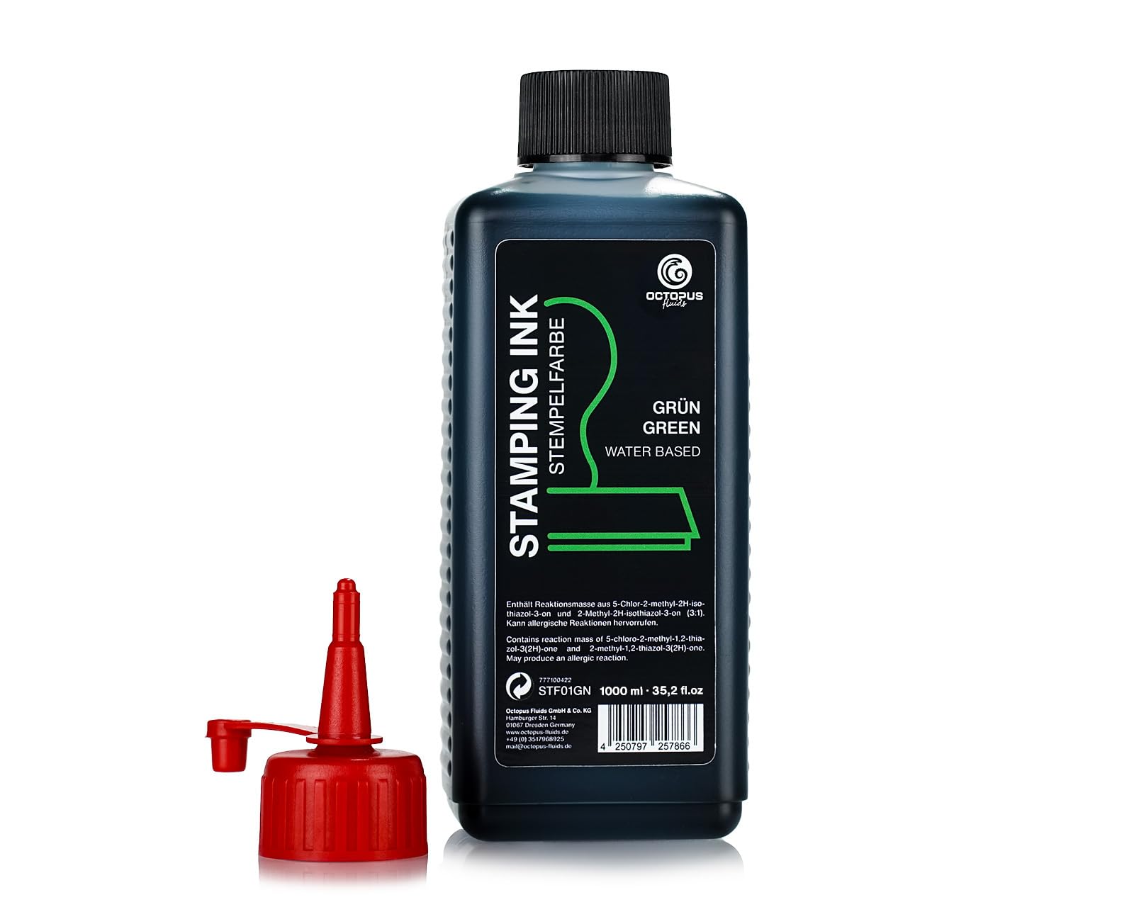 Octopus Tusz do stemplowania płynów, tusz do wielokrotnego napełniania do wkładów atramentowych i automatycznych maszyn do stemplowania, tusz do stemplowania 1000 ml, zielony bez oleju